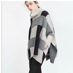 Zara Women's Multicolor Knit Poncho Sweater Cape Turtleneck M